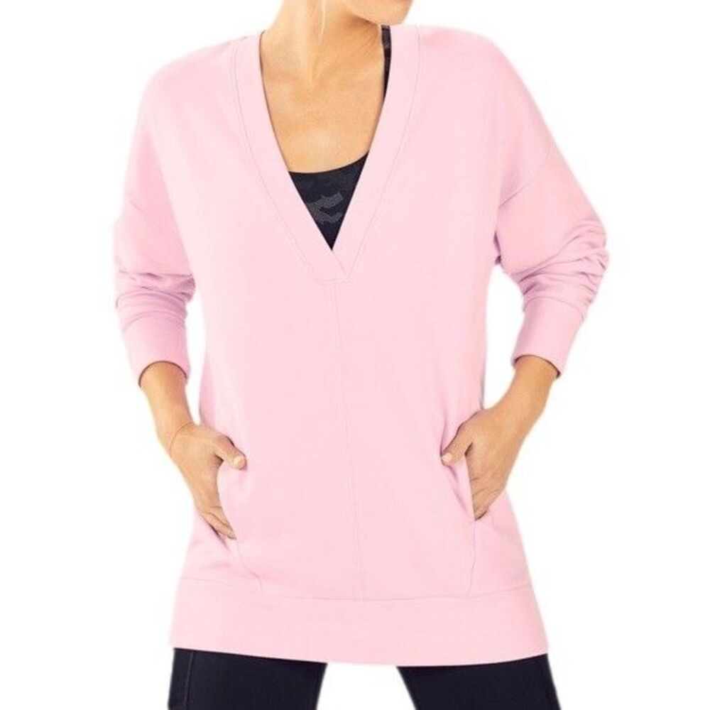 Fabletics Rosaline Oversized Sweatshirt Womens Sz XS Pink Pockets VNeck Athletic